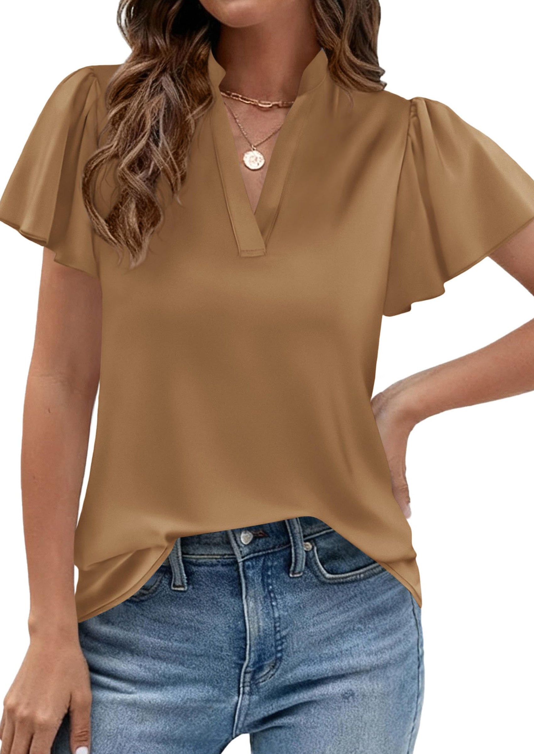 PRETTYGARDEN Women's Summer Blouses Dressy Casual Ruffle Cap Sleeve V Neck Business Work Trendy Cute Tops Spring Outfits PRETTYGARDEN