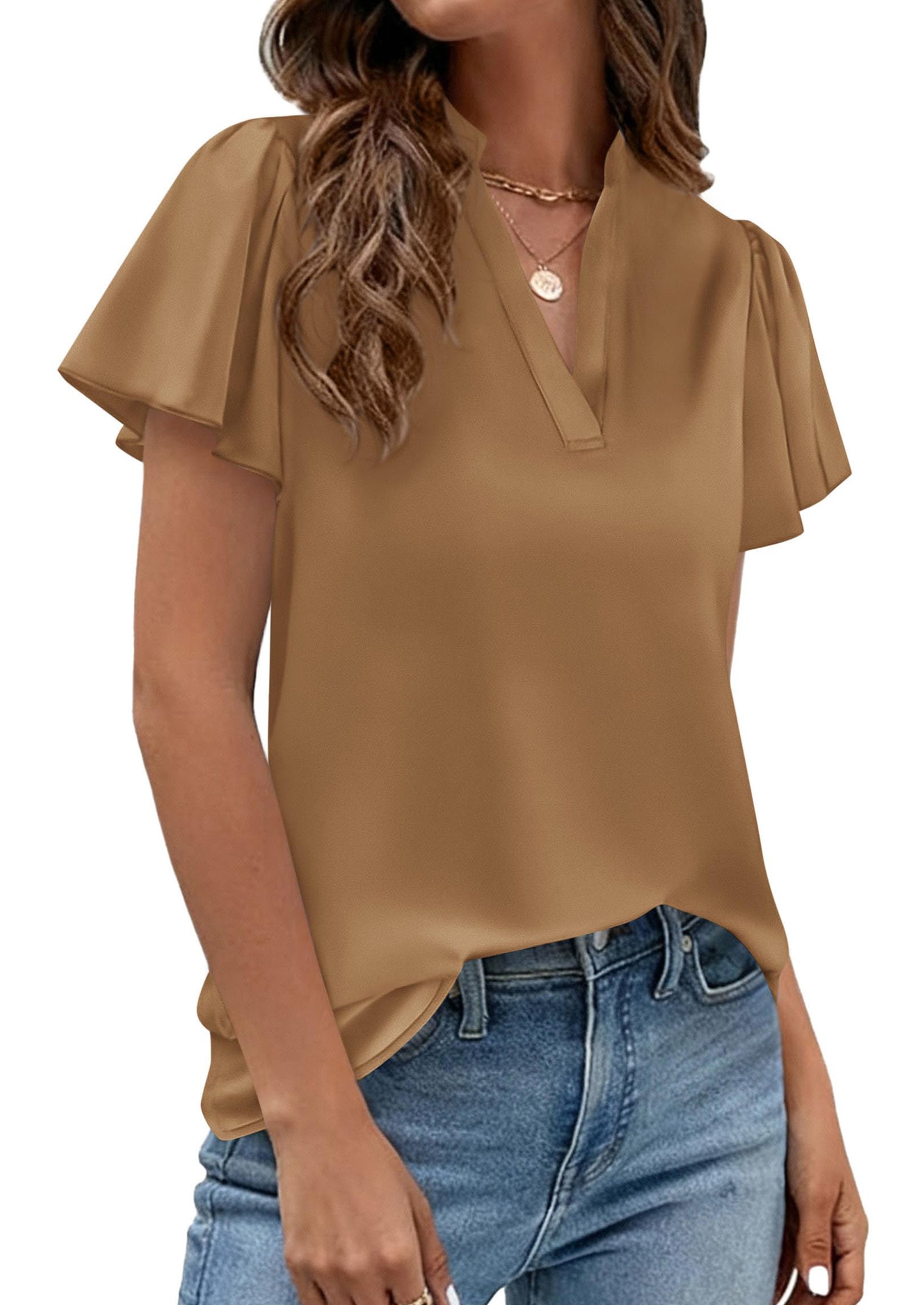 PRETTYGARDEN Women's Summer Blouses Dressy Casual Ruffle Cap Sleeve V Neck Business Work Trendy Cute Tops Spring Outfits PRETTYGARDEN