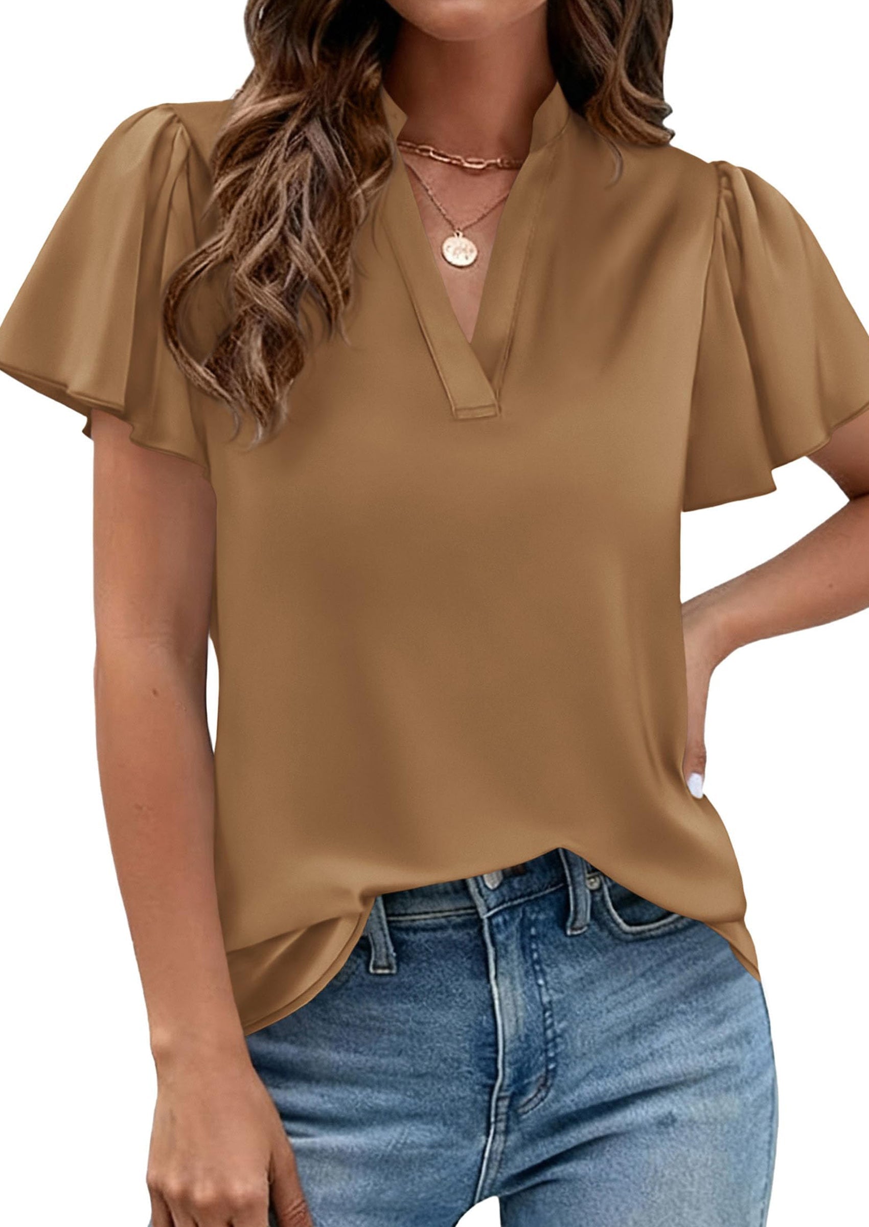 PRETTYGARDEN Women's Summer Blouses Dressy Casual Ruffle Cap Sleeve V Neck Business Work Trendy Cute Tops Spring Outfits PRETTYGARDEN