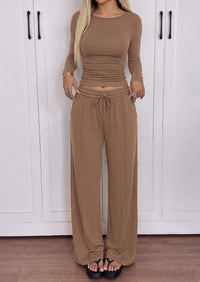 PRETTYGARDEN Women's Matching Lounge Sets 2 Piece Outfits  Boat Neck Long Sleeve , Wide Leg Pants Pockets, Ruched Waist, Travel Airport Resort Wear, Casual Fall Fashion Clothing