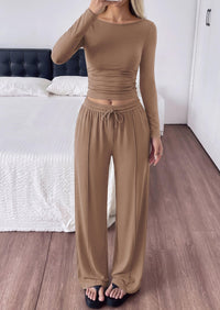 PRETTYGARDEN Women's Matching Lounge Sets 2 Piece Outfits  Boat Neck Long Sleeve , Wide Leg Pants Pockets, Ruched Waist, Travel Airport Resort Wear, Casual Fall Fashion Clothing