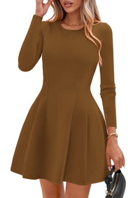 PRETTYGARDEN Long Sleeve Mini Dress for Women Fall Crewneck Knit Pleated Babydoll A Line Soft Casual Short Party Dresses PRETTYGARDEN