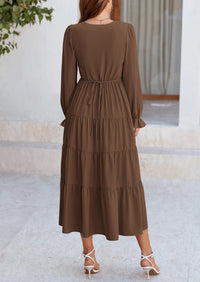 PRETTYGARDEN Women Fall Long Sleeve Smocked Maxi Dress Casual Square Neck Swiss Dot Tiered Ruffle Flowy Spring Pocket Dresses