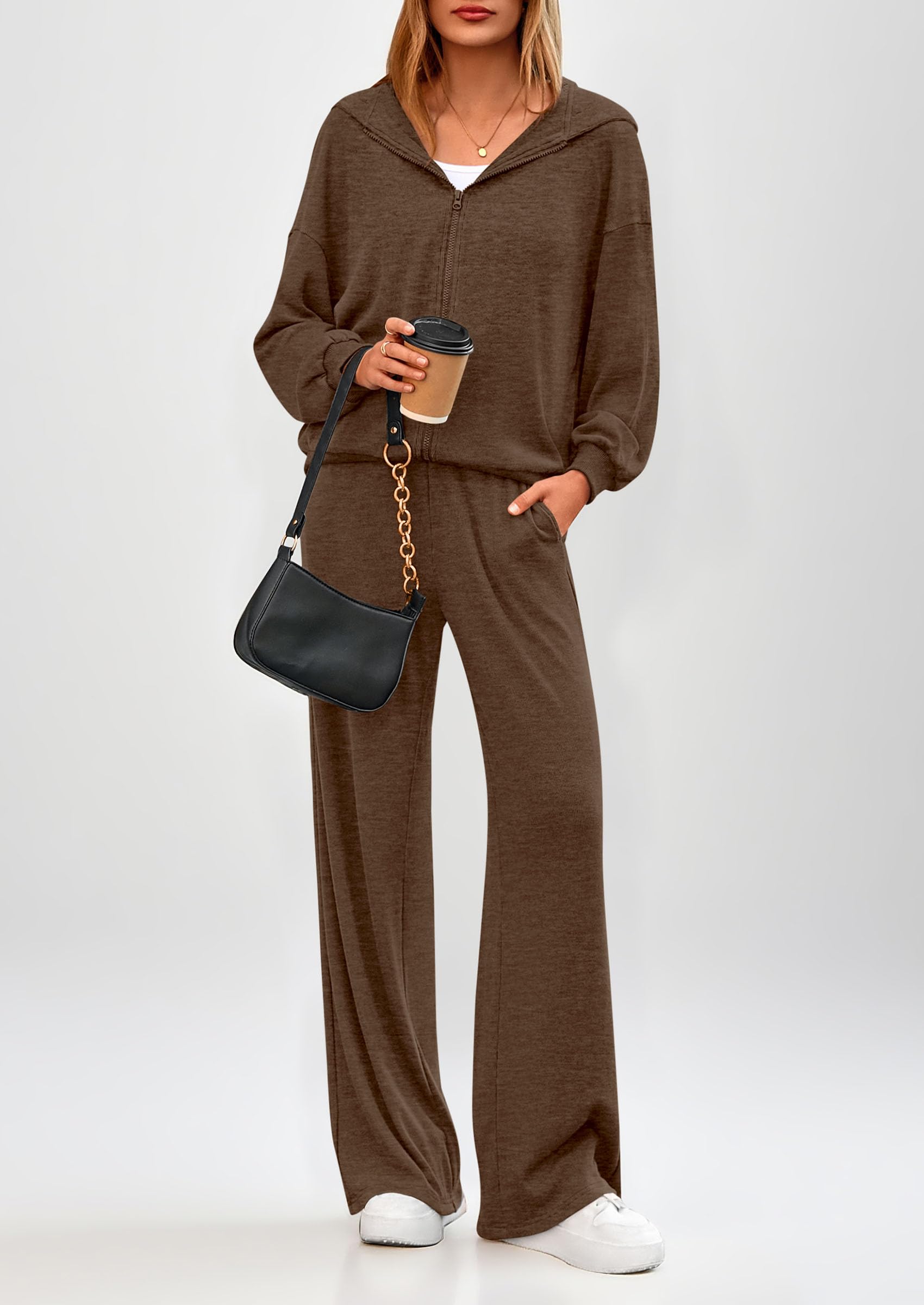 PRETTYGARDEN Women's 2 Piece Fall Lounge Sets Zip Up Hoodie Wide Leg Pants Tracksuit Matching Travel Outfits Clothes