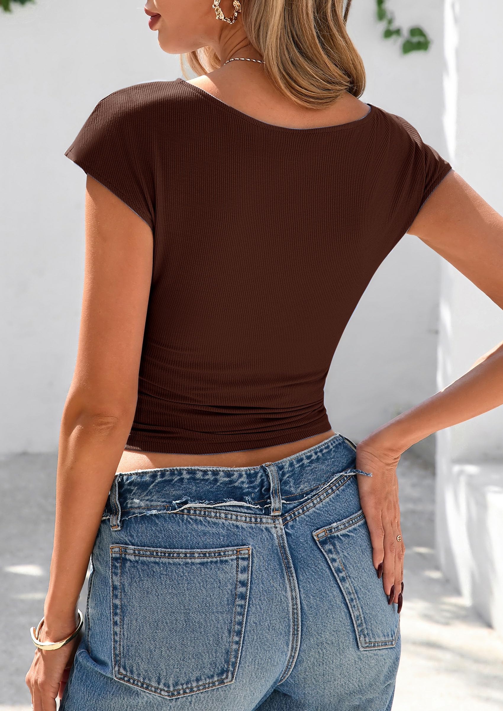 PRETTYGARDEN Women's Ruched Crop Tank Tops Summer Trendy Cap Sleeve Ribbed Knit Basic Fitted Going Out Tee Shirts