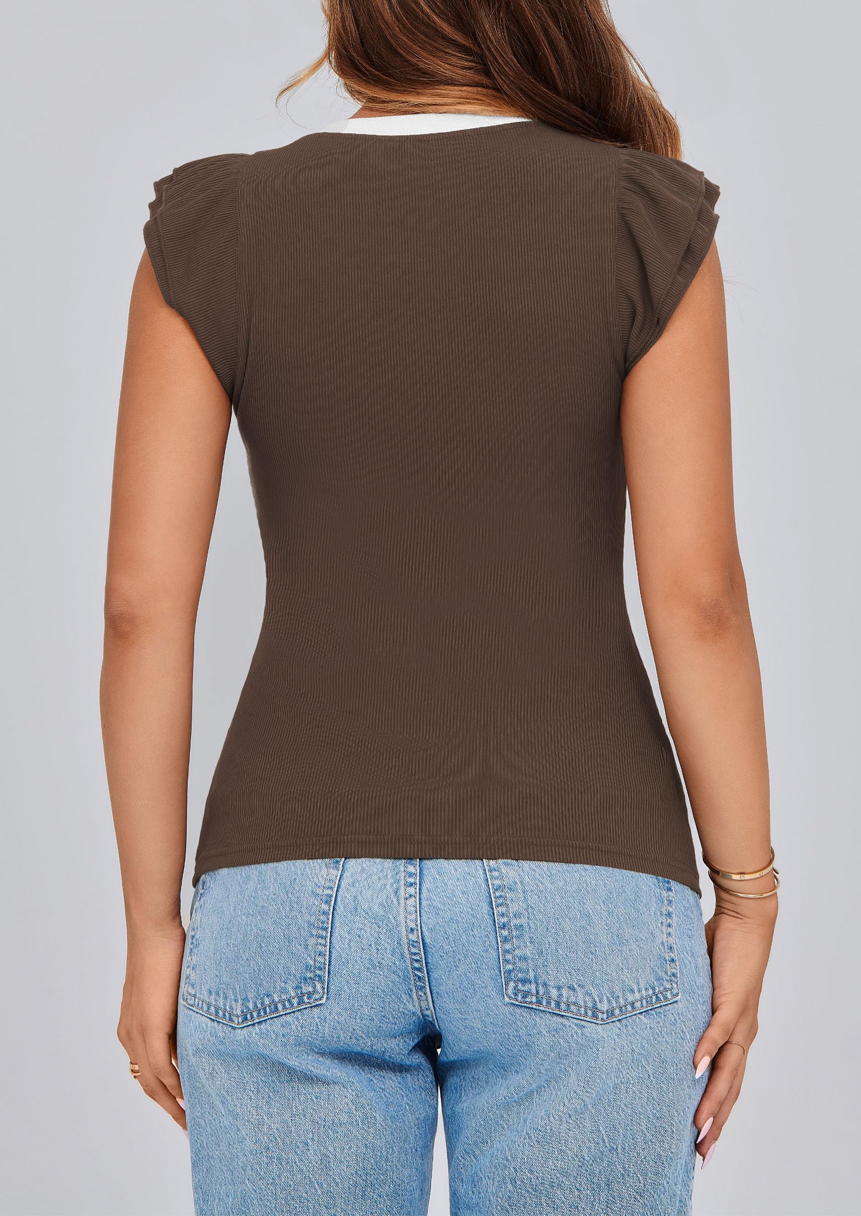 PRETTYGARDEN Womens V Neck Summer Tops Ruffle Sleeveless Slim Fit T Shirts Going Out Casual Blouses