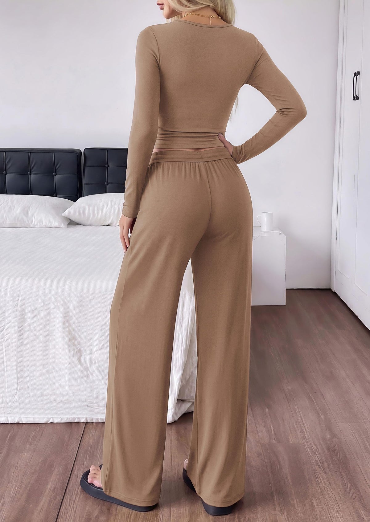 PRETTYGARDEN Women's Matching Lounge Sets 2 Piece Outfits  Boat Neck Long Sleeve , Wide Leg Pants Pockets, Ruched Waist, Travel Airport Resort Wear, Casual Fall Fashion Clothing