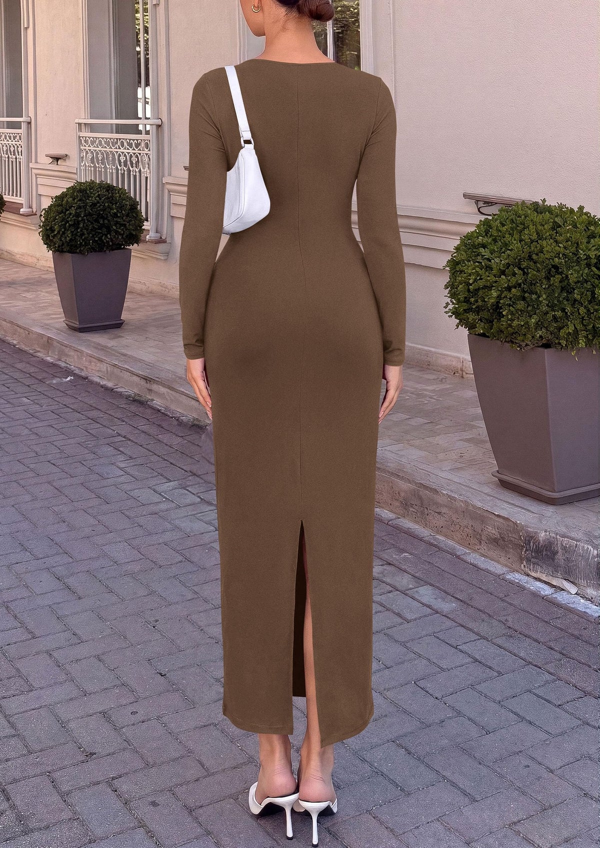 PRETTYGARDEN Women's Long Sleeve Ruched Bodycon Maxi Dress | Wedding Guest Dresses, Twist Knot Waist, Back Slit, Slim Fitted, Formal Wear, Cocktail Holiday Party, Date Night Fall Outfits