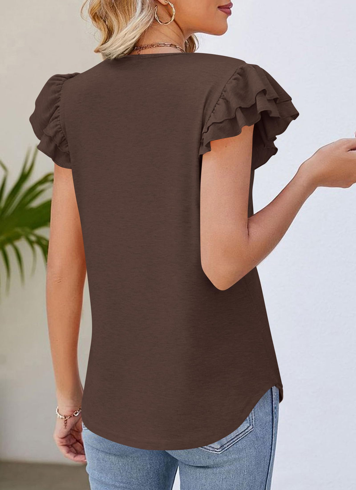 Summer Basic Casual Ruffle Short Sleeve V Neck Tops