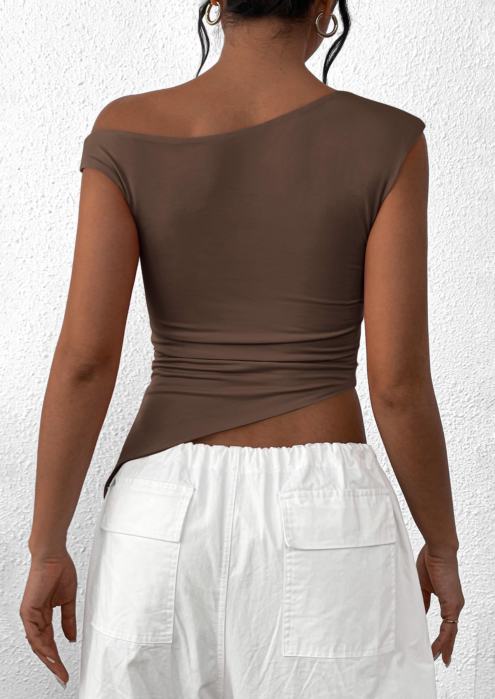 PRETTYGARDEN Womens Off The Shoulder Tops Summer Sleeveless One Shoulder Ruched Asymmetrical Y2K Going Out Crop Tank Top