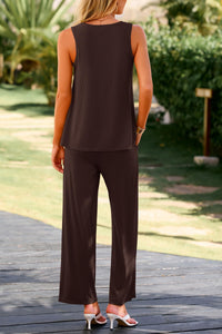 Sleeveless V Neck Tank Top Wide Leg Pants Casual Knit Two Piece Sets