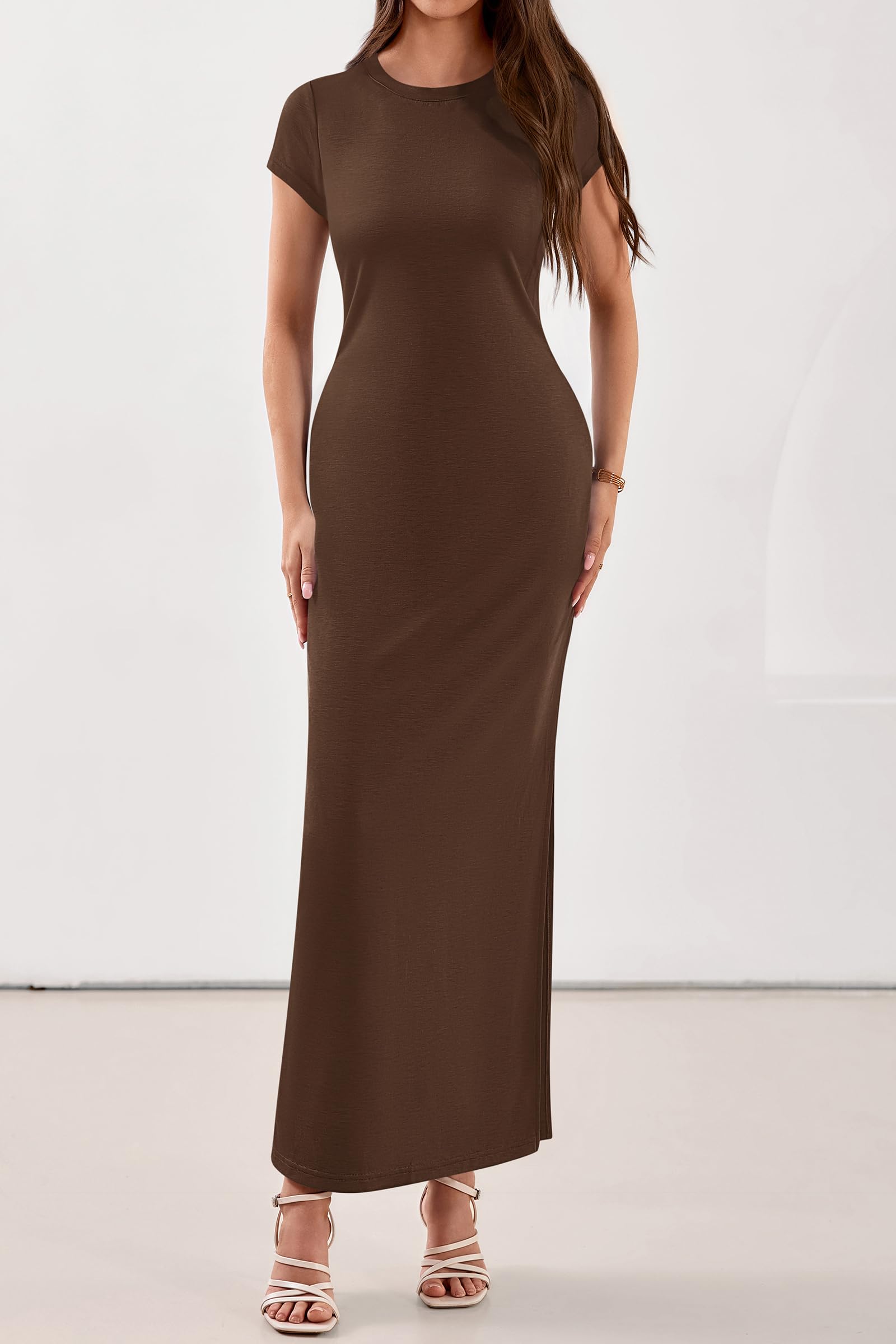 PRETTYGARDEN Womens Summer Maxi Dresses Casual Short Sleeve Crewneck Knit Slit T Shirt Dress Spring Long Beach Sundress PRETTYGARDEN