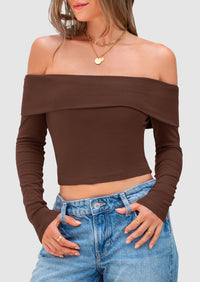 Off The Shoulder Top for Women 2025 Long Sleeve Shirts Trendy Going Out Crop Tops Spring Fashion Clothes