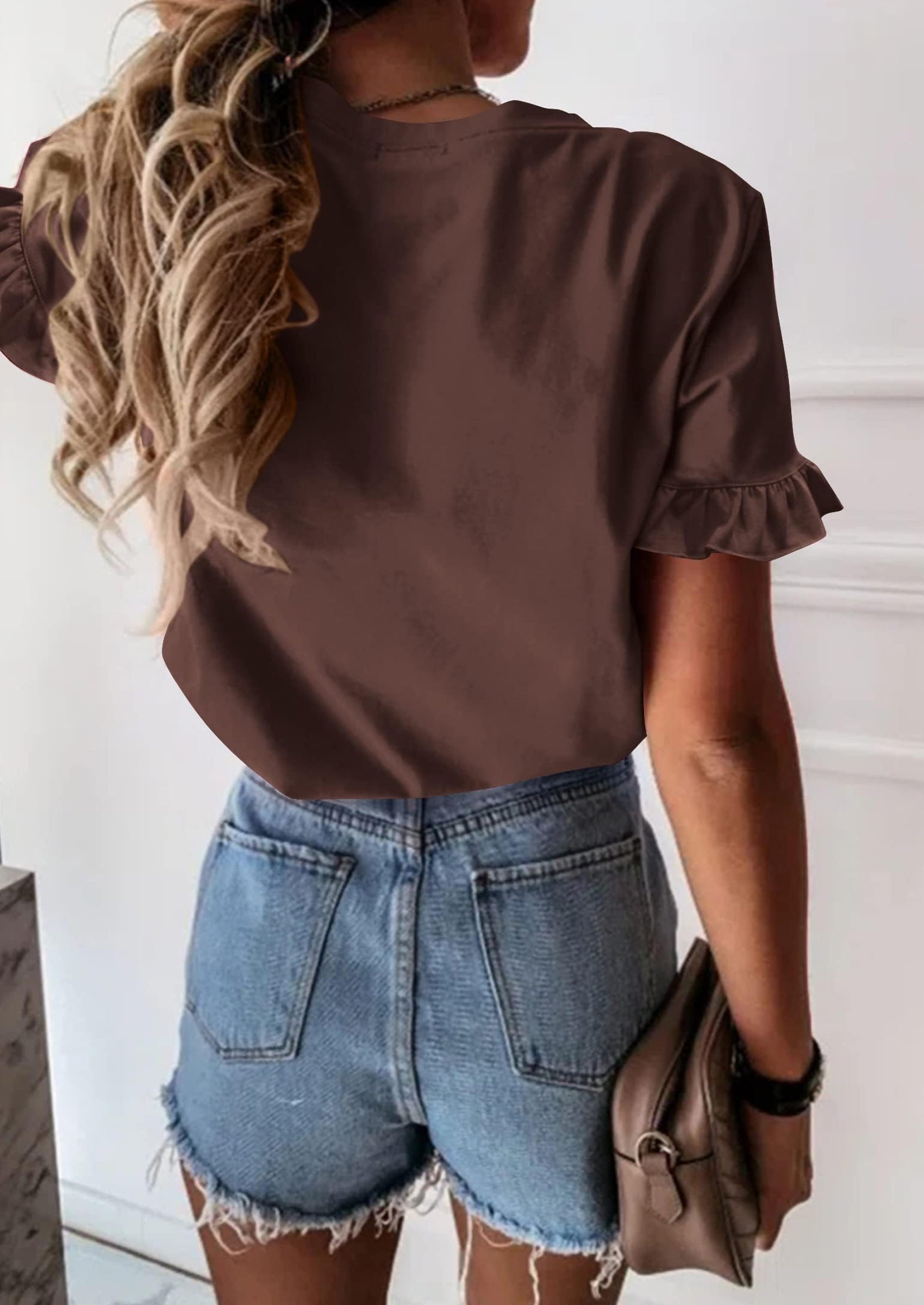 PRETTYGARDEN Women's Short Sleeve Casual T Shirts Summer Ruffle Plain Round Neck Loose Fit Tee Blouse Tops