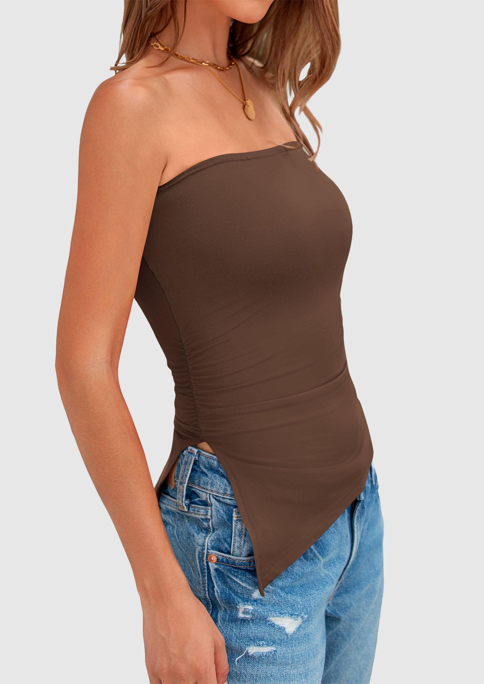 PRETTYGARDEN Womens Summer Tube Tops Trendy Strapless Ruched Going Out Tops Outfits Asymmetrical Bandeau Shirts