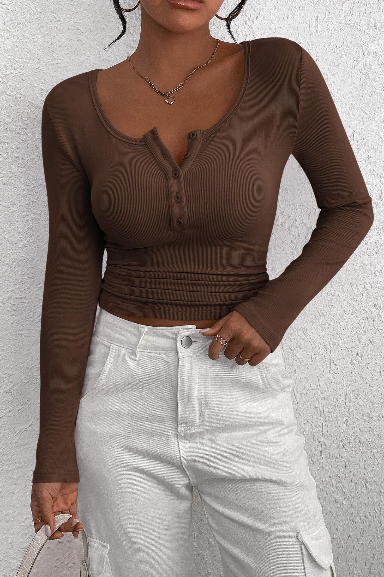 PRETTYGARDEN Women's Spring Fall Long Sleeve Henley T Shirts Button Ribbed Knit Slim Fit Casual Basic Tops Blouse