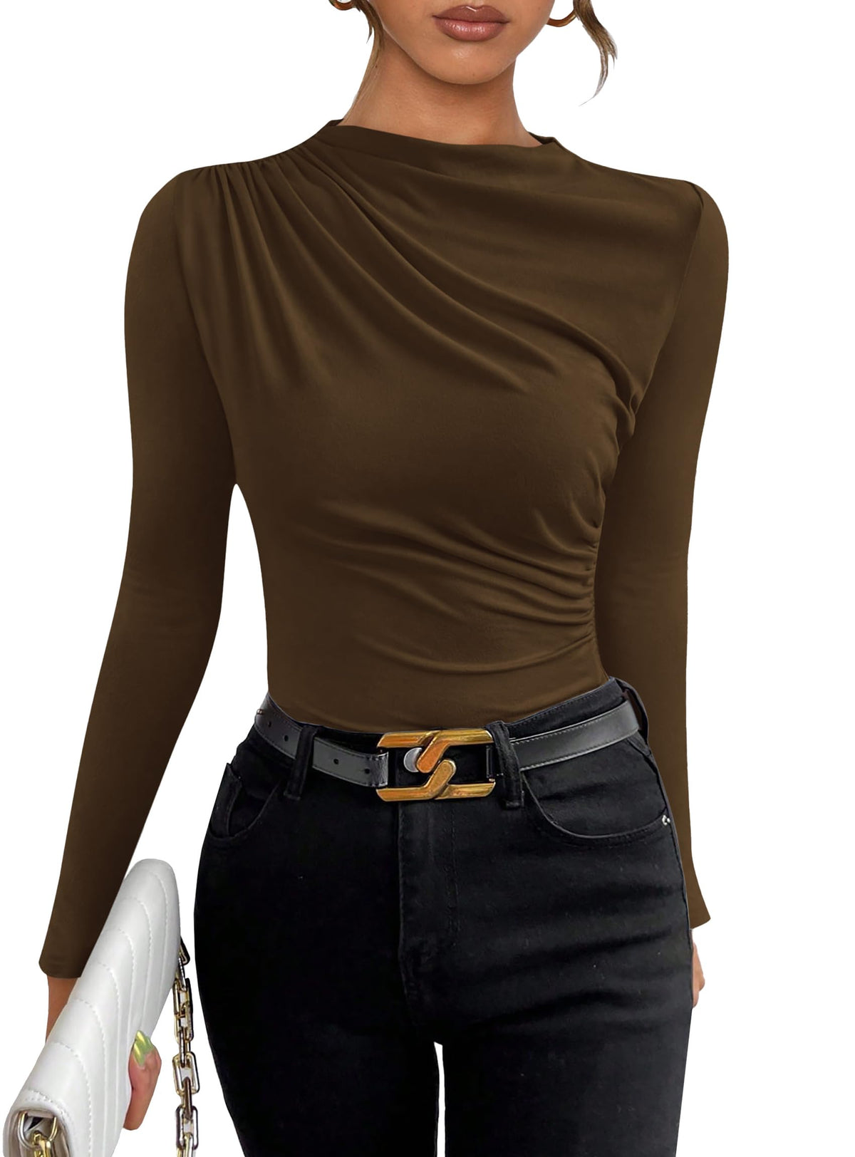 Womens Y2K Going Out Crop Tops Long Sleeve Mock Neck Ruched Slim Fitted Basic Trendy Casual Blouse