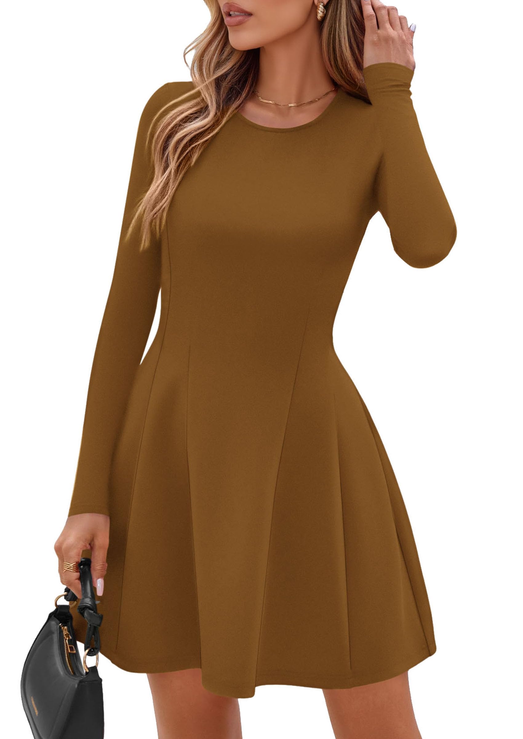 PRETTYGARDEN Long Sleeve Mini Dress for Women Fall Crewneck Knit Pleated Babydoll A Line Soft Casual Short Party Dresses PRETTYGARDEN