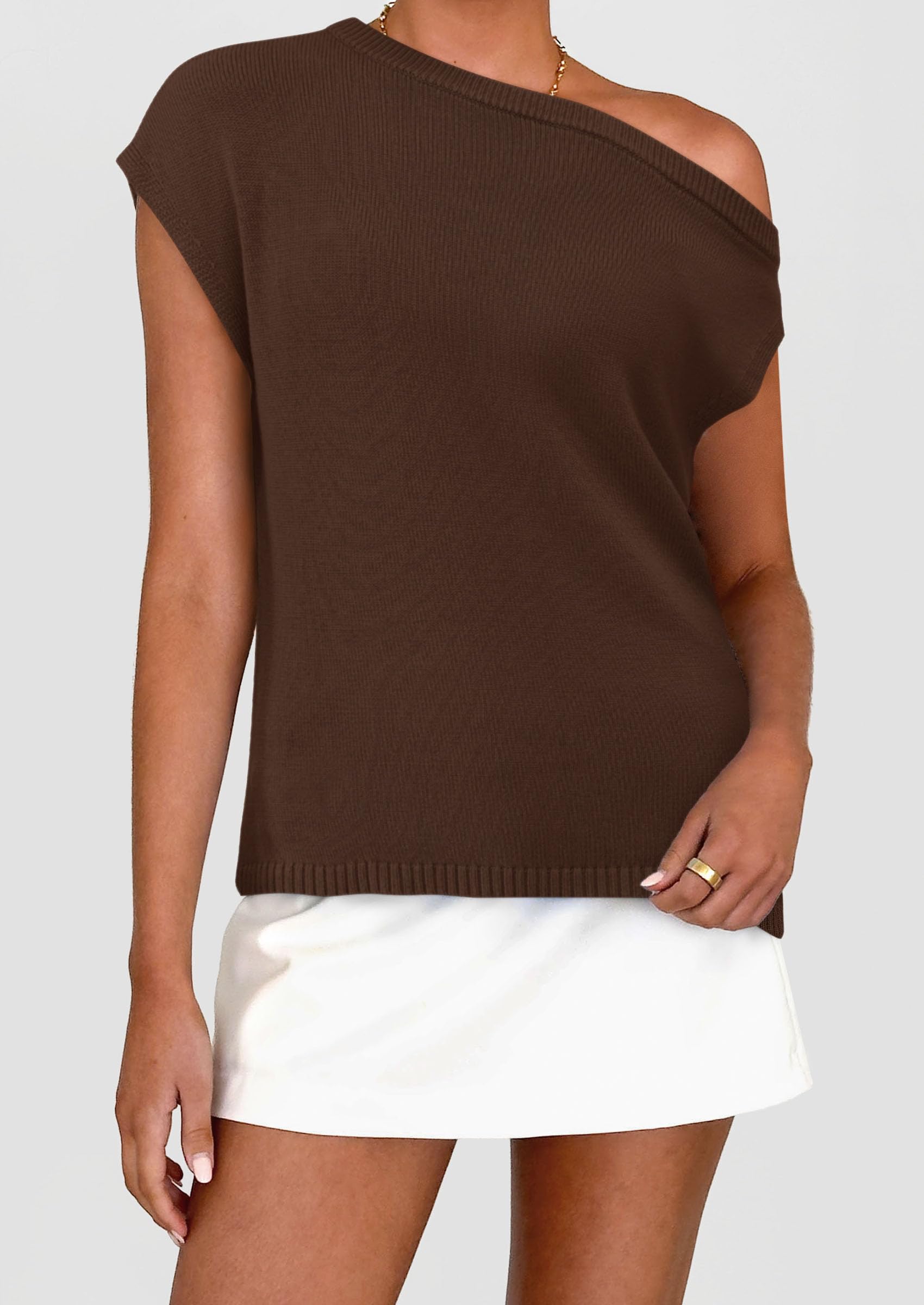 PRETTYGARDEN Womens Off The Shoulder Tops Summer Casual Short Sleeve Tunic T Shirts Lightweight Knit Sweaters