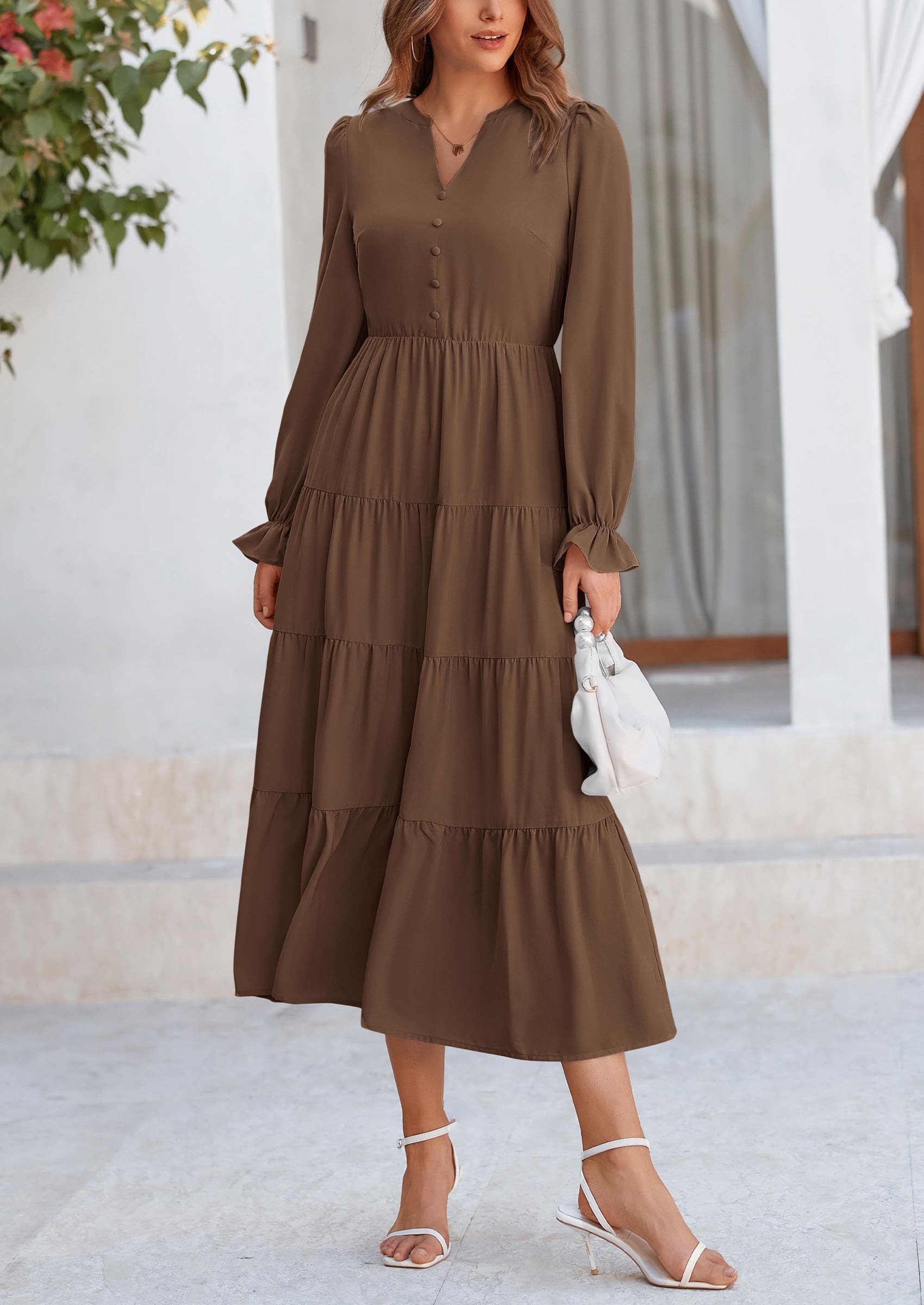 PRETTYGARDEN Women Fall Long Sleeve Smocked Maxi Dress Casual Square Neck Swiss Dot Tiered Ruffle Flowy Spring Pocket Dresses