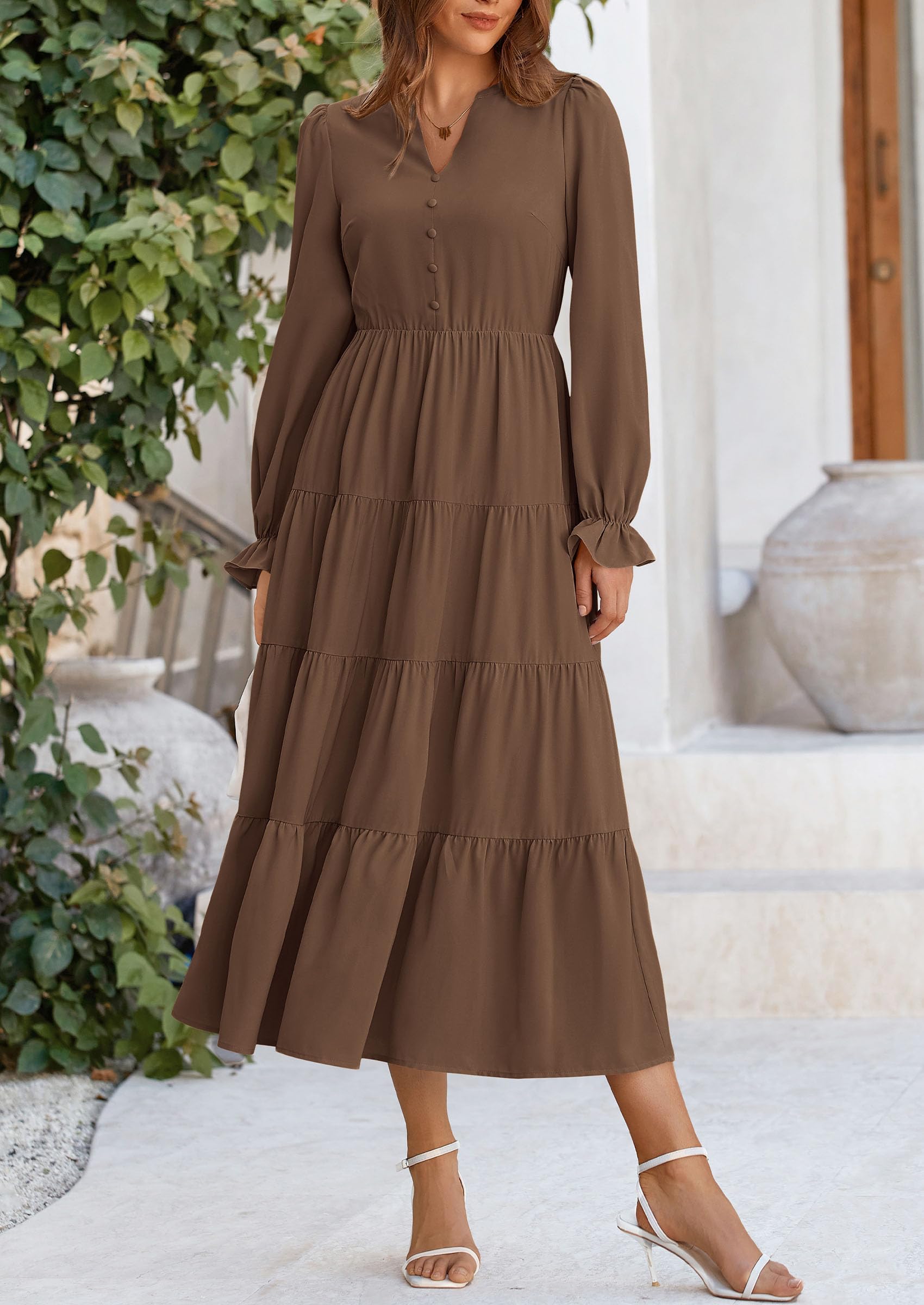 PRETTYGARDEN Women Fall Long Sleeve Smocked Maxi Dress Casual Square Neck Swiss Dot Tiered Ruffle Flowy Spring Pocket Dresses