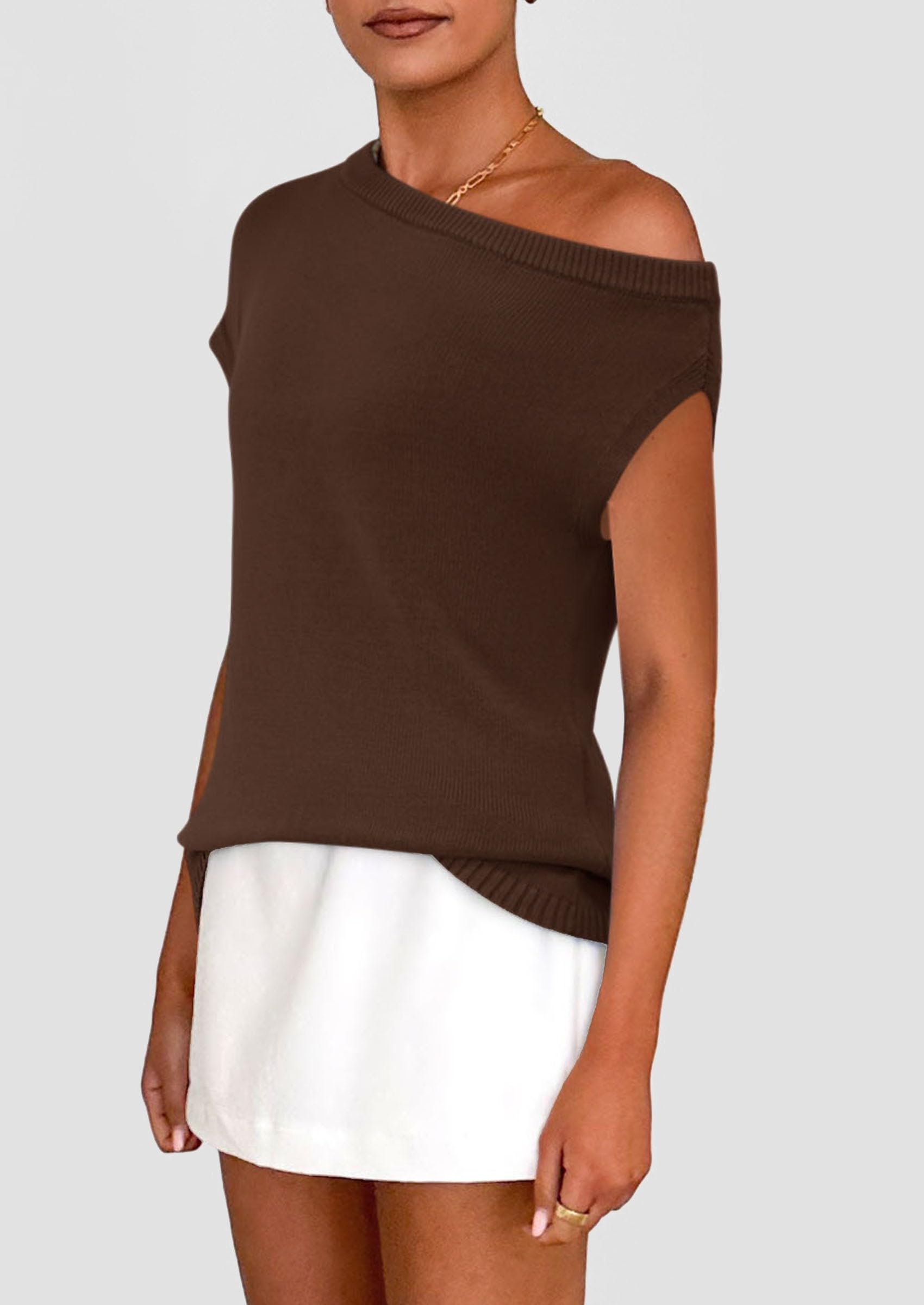 PRETTYGARDEN Womens Off The Shoulder Tops Summer Casual Short Sleeve Tunic T Shirts Lightweight Knit Sweaters