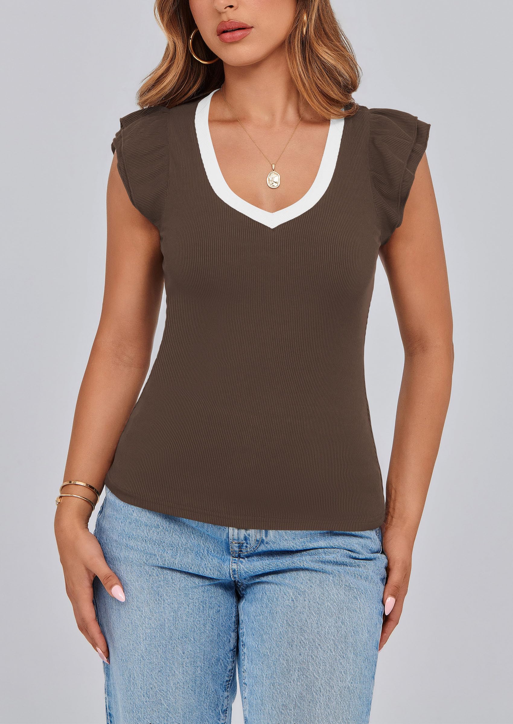 PRETTYGARDEN Womens V Neck Summer Tops Ruffle Sleeveless Slim Fit T Shirts Going Out Casual Blouses