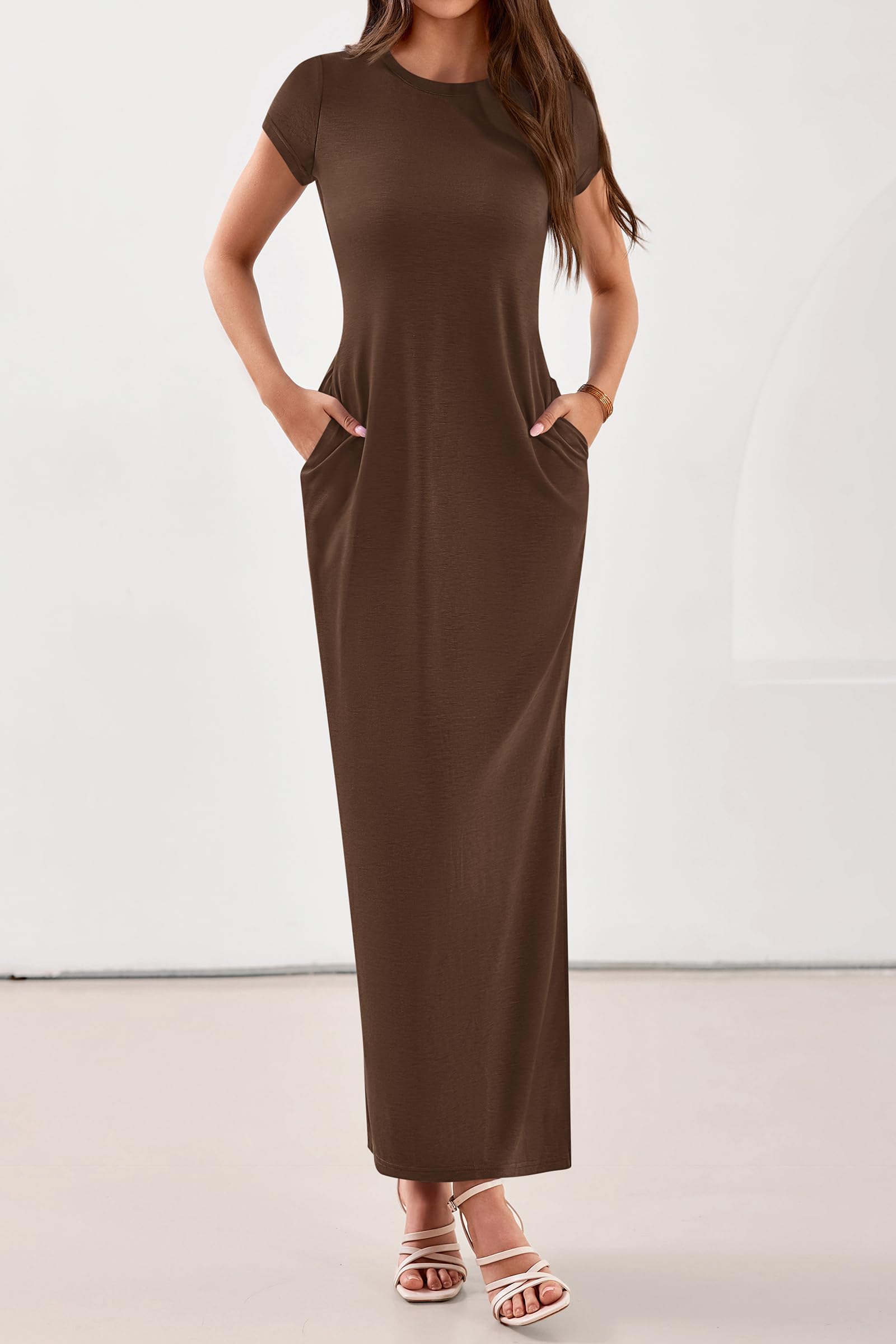 PRETTYGARDEN Womens Summer Maxi Dresses Casual Short Sleeve Crewneck Knit Slit T Shirt Dress Spring Long Beach Sundress PRETTYGARDEN