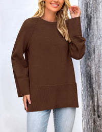 Women's Fall Knit Sweaters Long Sleeve Pullover Crewneck Split Hem Loose Oversized Tunic Sweater Top