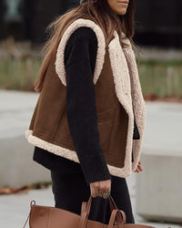 Women's Winter Faux Suede Sleeveless Button Down Fleece Sherpa Lined Fashion Casual Coat