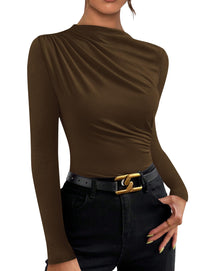 Womens Y2K Going Out Crop Tops Long Sleeve Mock Neck Ruched Slim Fitted Basic Trendy Casual Blouse