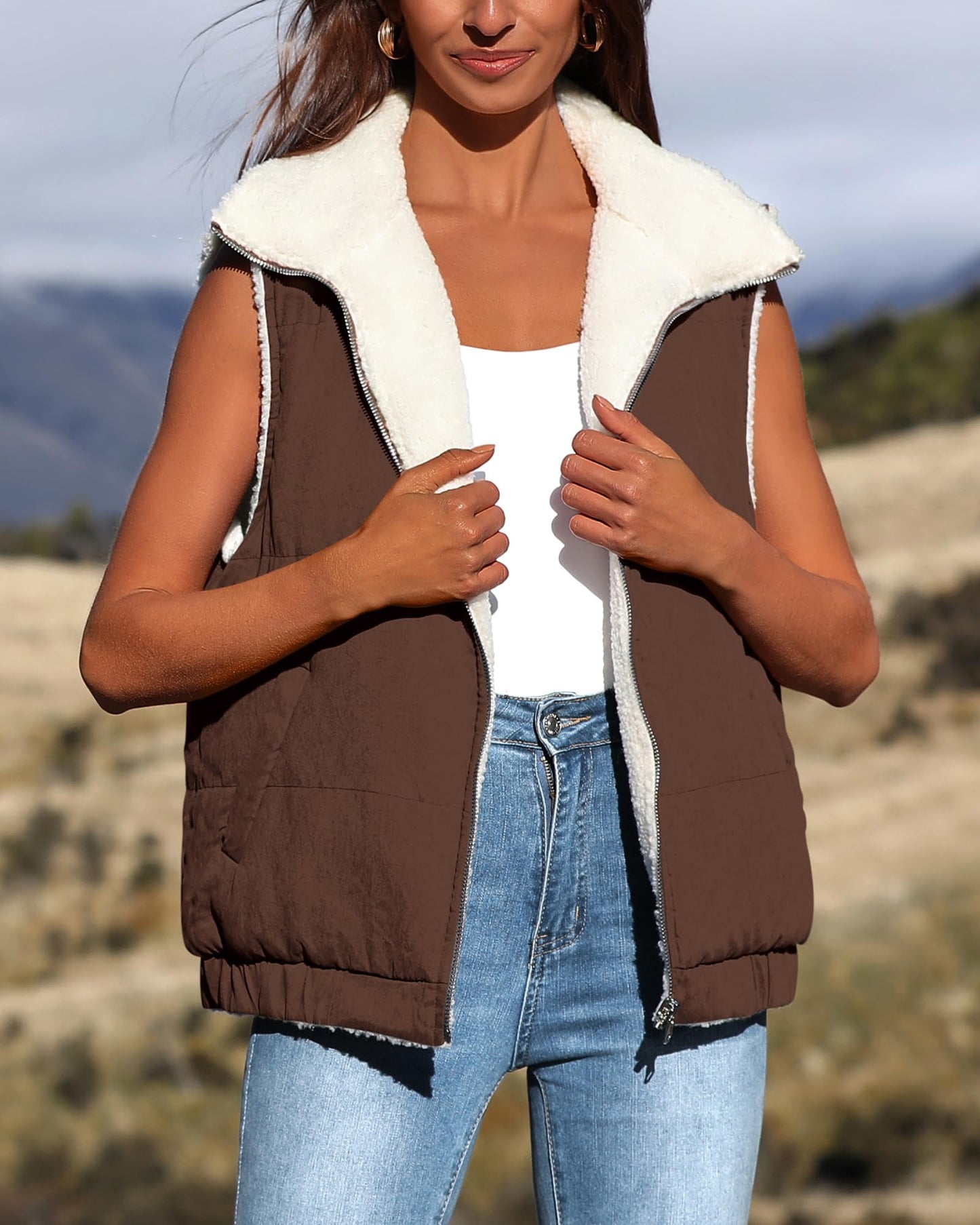 Sherpa Fleece Vest Zip Up Sleeveless Reversible Winter Warm Puffer Jacket Outerwear