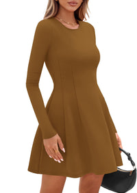 PRETTYGARDEN Long Sleeve Mini Dress for Women Fall Crewneck Knit Pleated Babydoll A Line Soft Casual Short Party Dresses PRETTYGARDEN