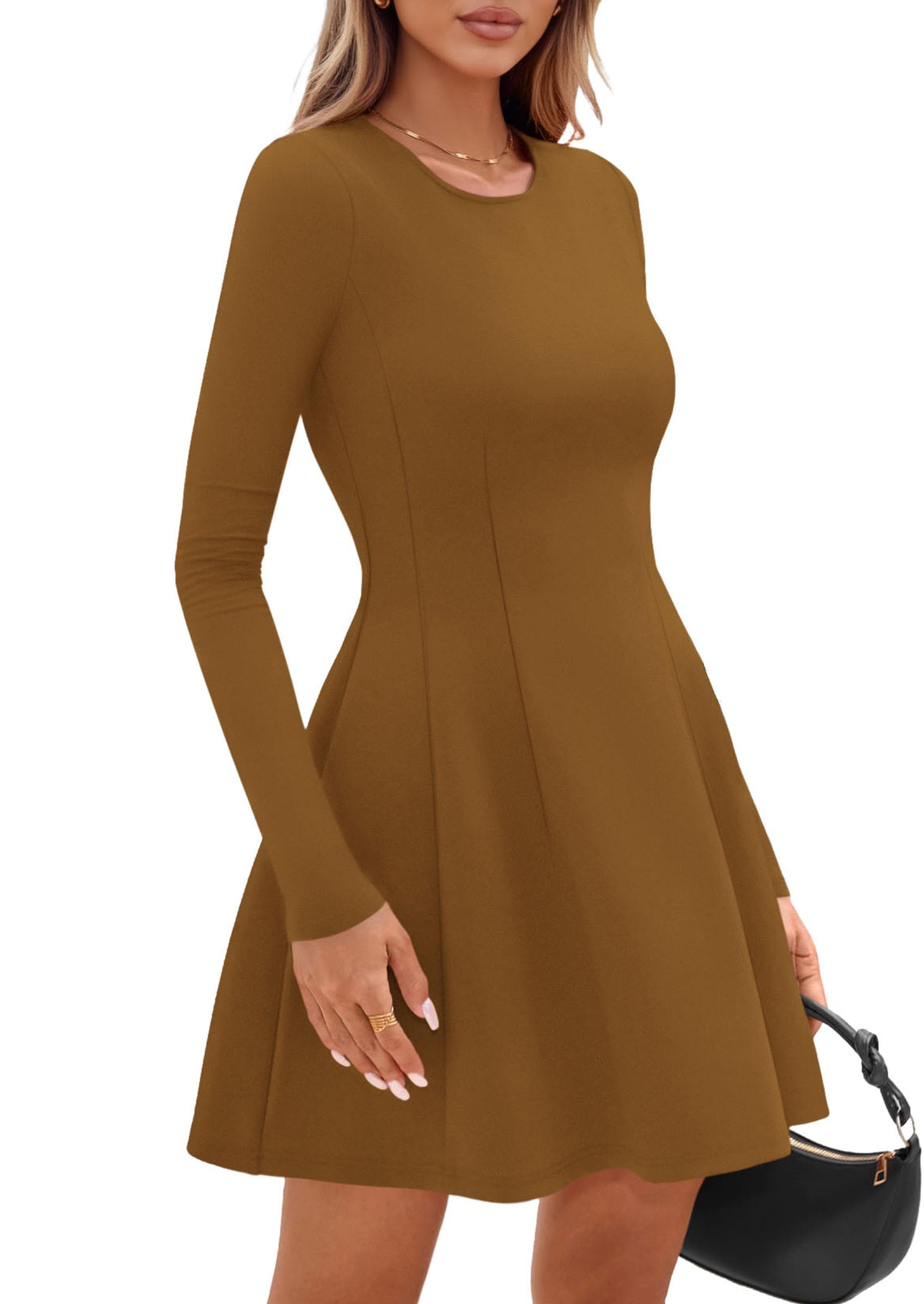 PRETTYGARDEN Long Sleeve Mini Dress for Women Fall Crewneck Knit Pleated Babydoll A Line Soft Casual Short Party Dresses PRETTYGARDEN