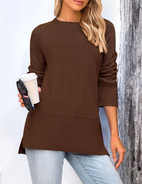 Women's Fall Knit Sweaters Long Sleeve Pullover Crewneck Split Hem Loose Oversized Tunic Sweater Top