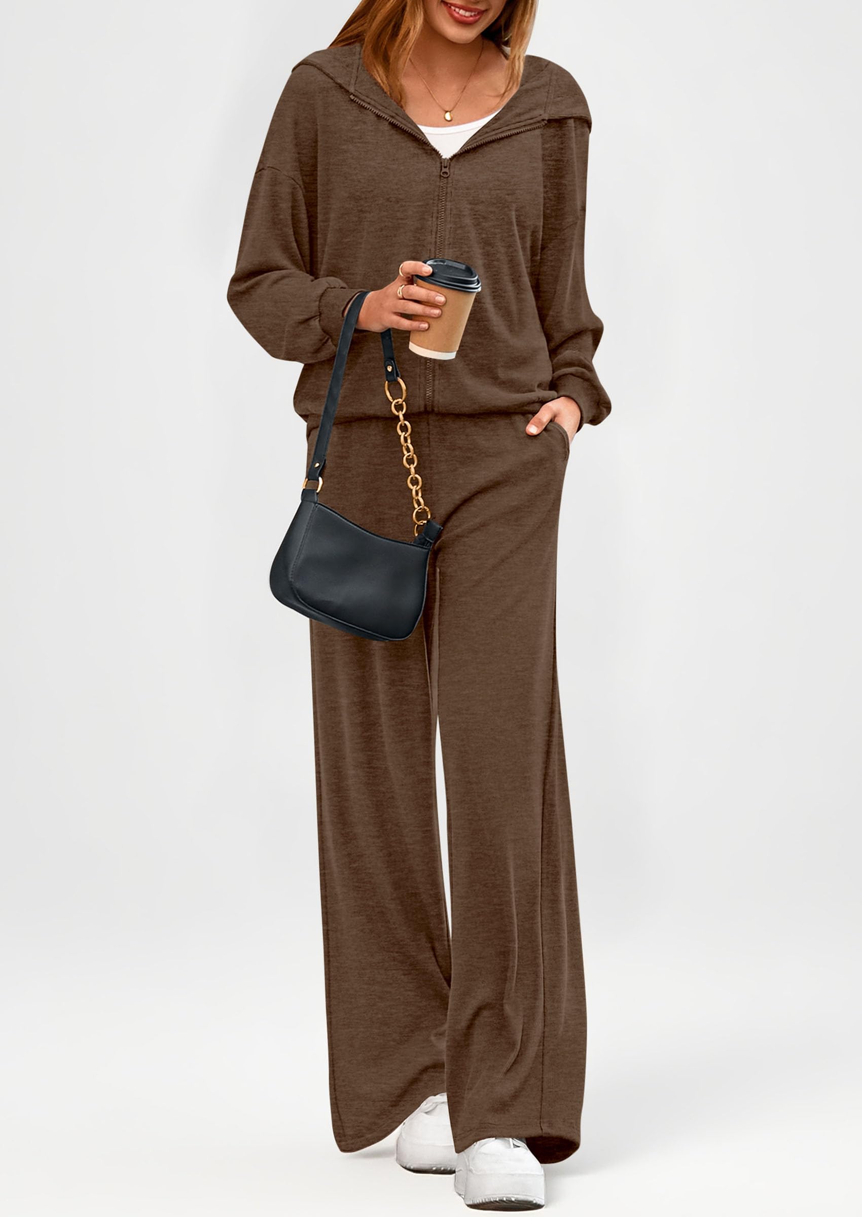 PRETTYGARDEN Women's 2 Piece Fall Lounge Sets Zip Up Hoodie Wide Leg Pants Tracksuit Matching Travel Outfits Clothes