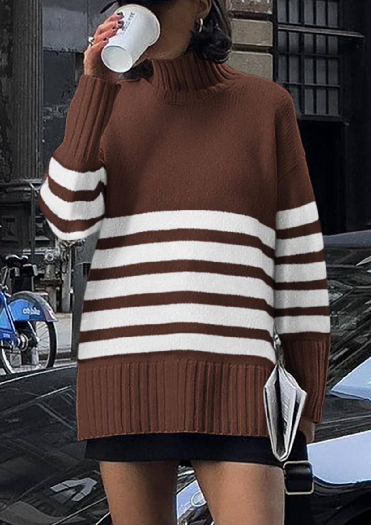 Women's Fall Striped Long Pullover Sweaters Turtleneck Long Sleeve Loose Fit Chunky Knit Casual Cute Tops Blouse