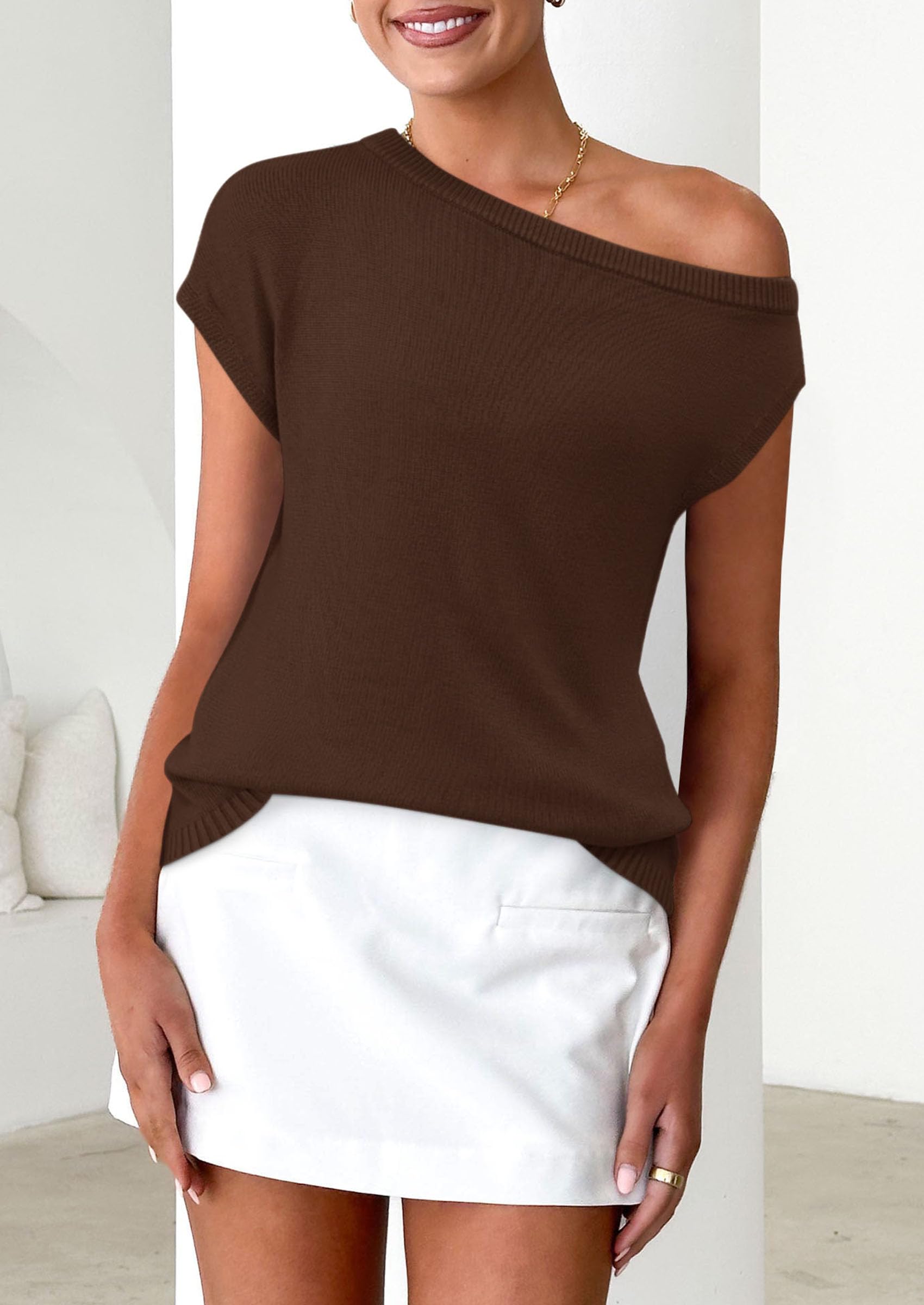 PRETTYGARDEN Womens Off The Shoulder Tops Summer Casual Short Sleeve Tunic T Shirts Lightweight Knit Sweaters