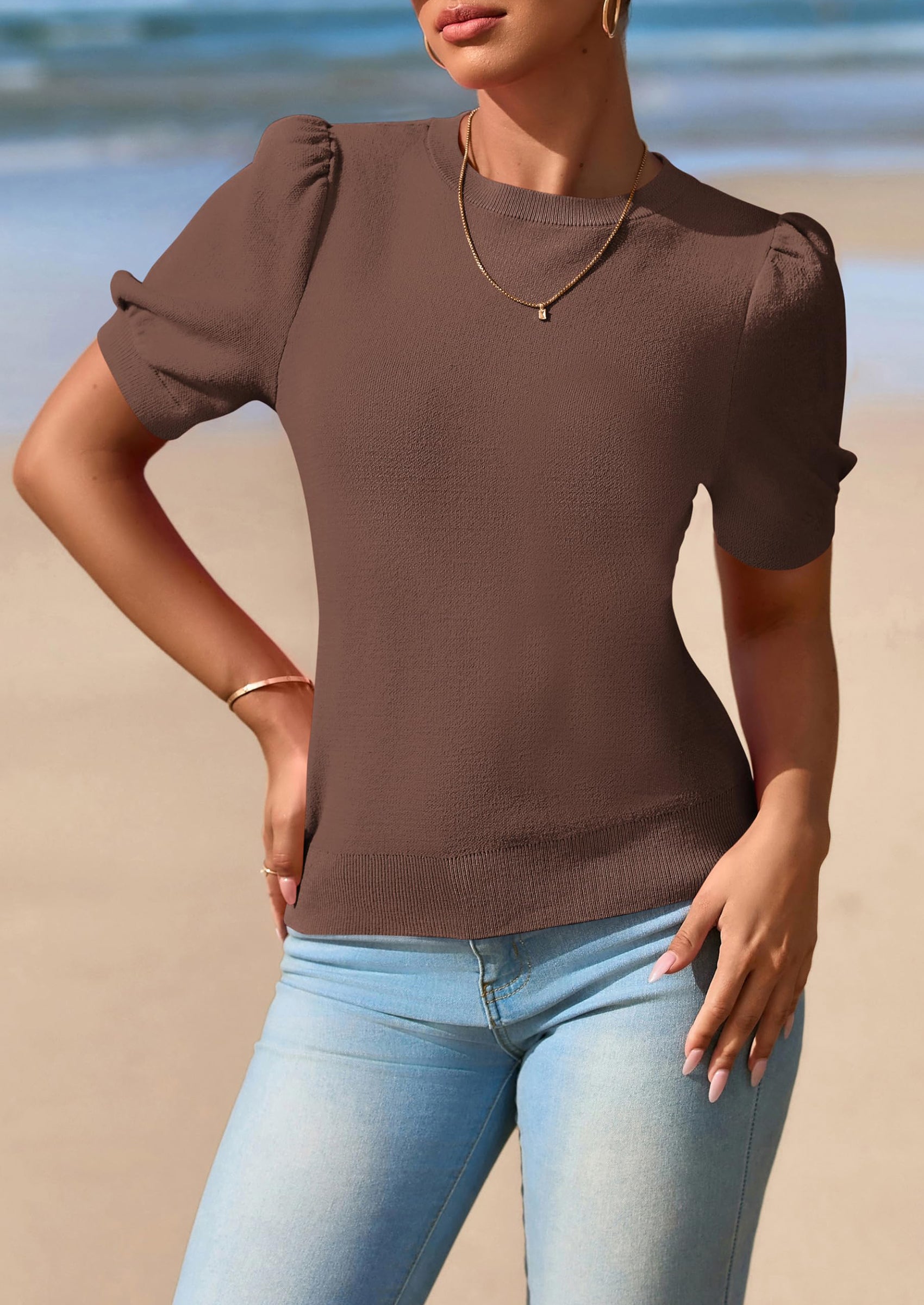 PRETTYGARDEN Womens Tops Spring Summer Puff Short Sleeve Sweater Crewneck Knit Work Blouses Dressy Casual Trendy Shirts PRETTYGARDEN