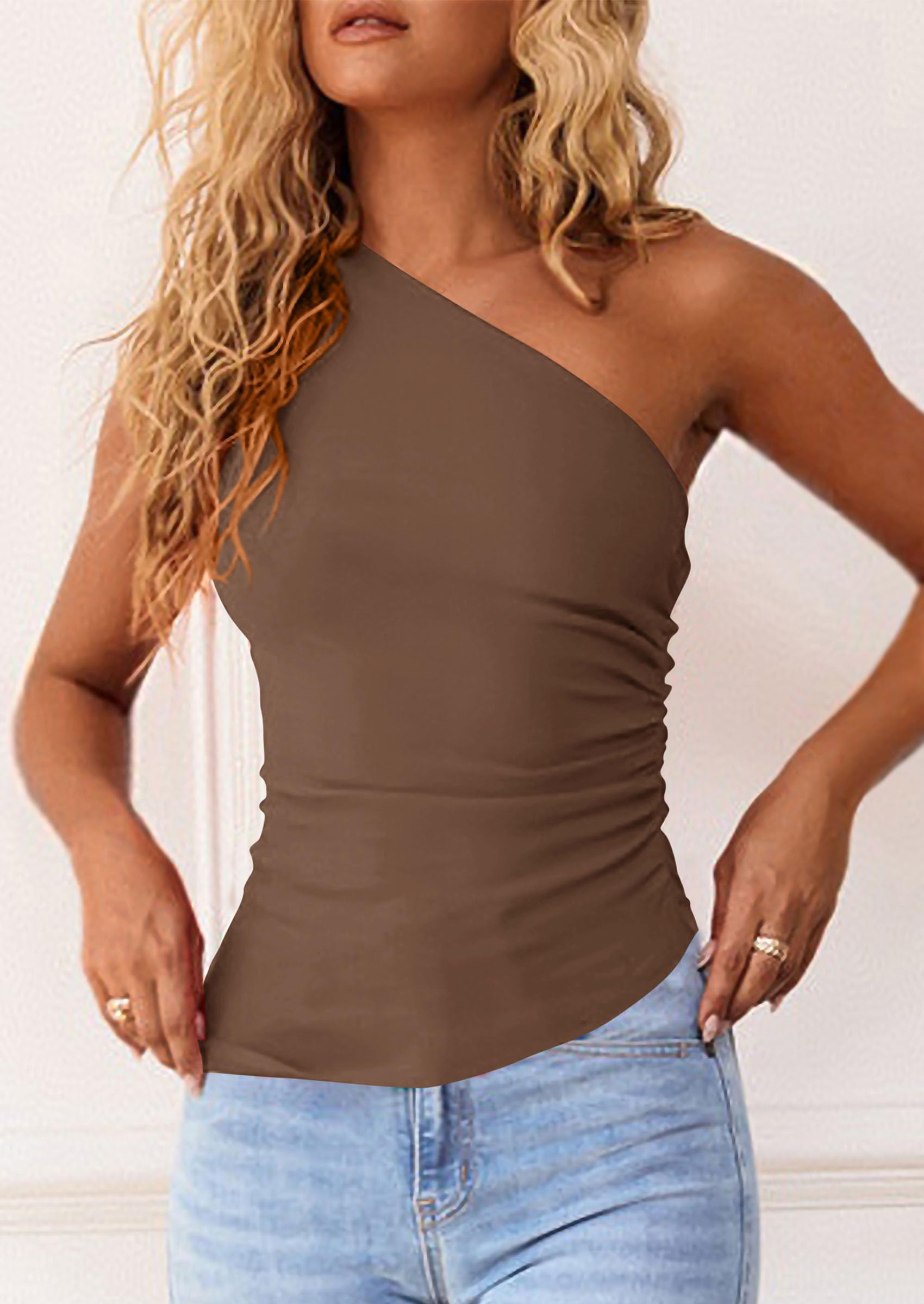 PRETTYGARDEN Womens Summer Y2K Tops Sleeveless One Shoulder Slim Fit Shirts Ruched Knit Asymmetrical Top Blouse