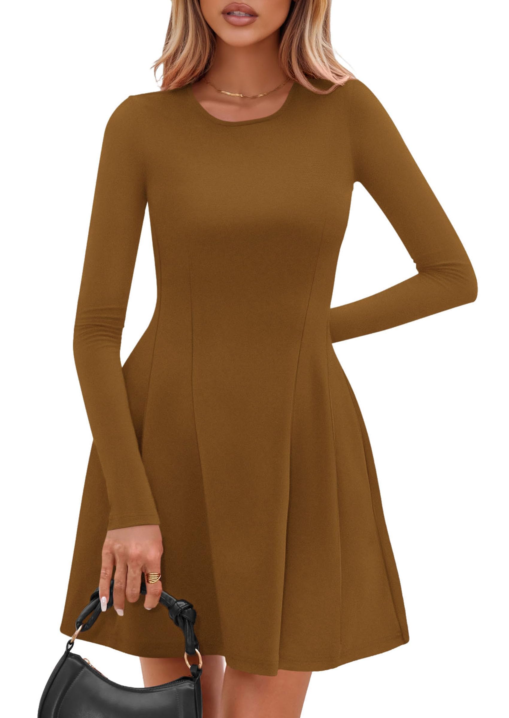 PRETTYGARDEN Long Sleeve Mini Dress for Women Fall Crewneck Knit Pleated Babydoll A Line Soft Casual Short Party Dresses PRETTYGARDEN