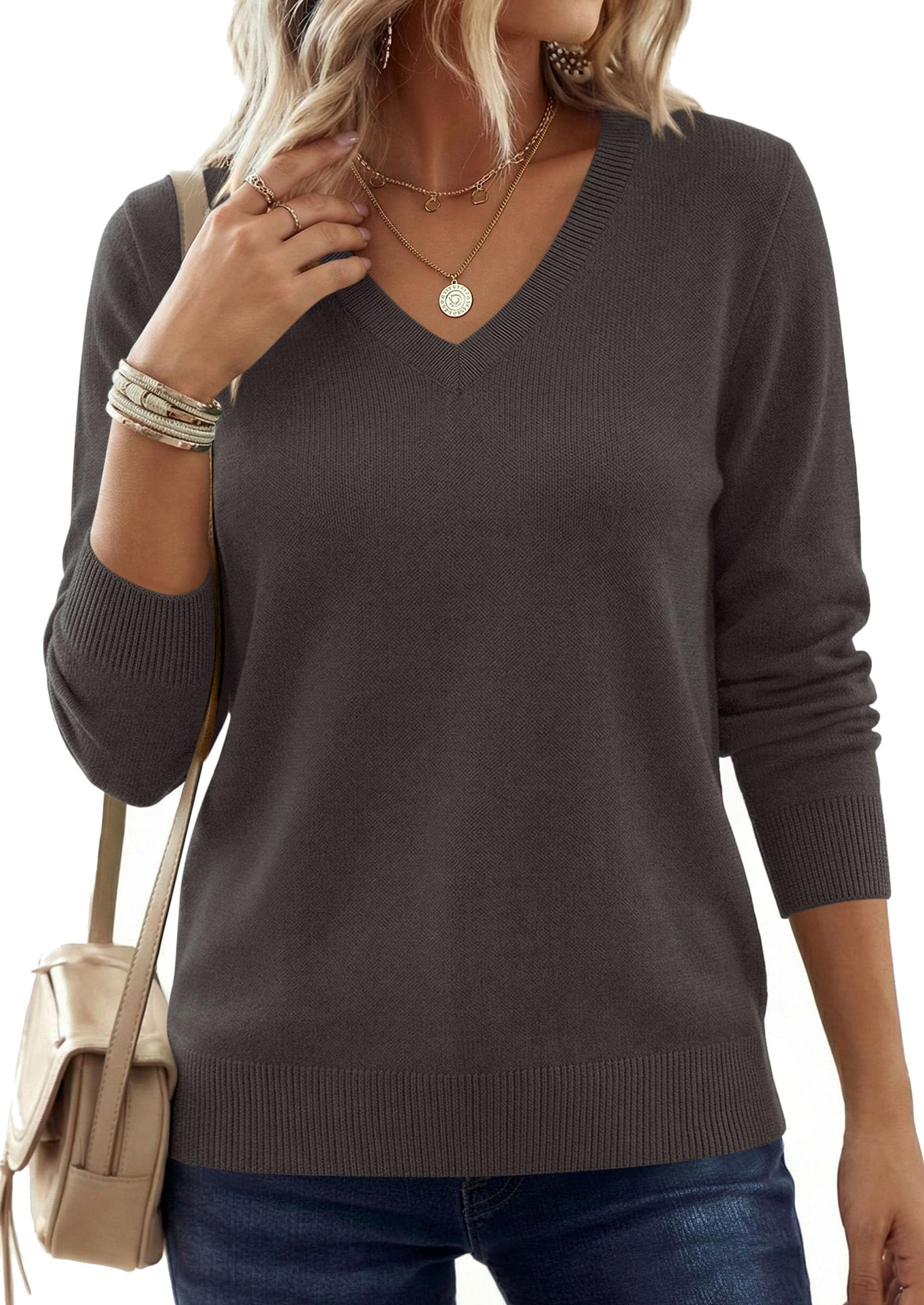 PRETTYGARDEN Women's V Neck Sweaters Fall Casual Long Sleeve Classic Pullover Cozy Knit Tops Loose Basic Winter Clothing PRETTYGARDEN