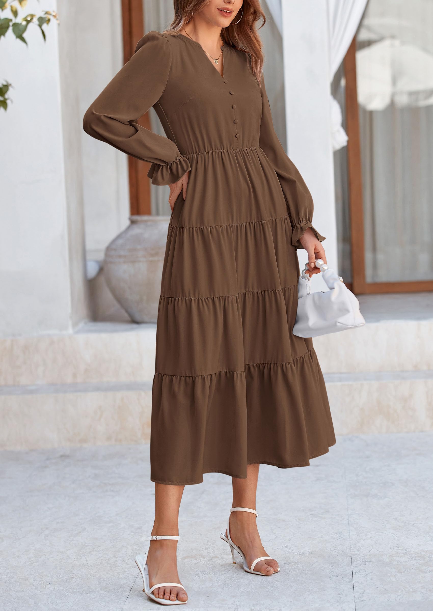 PRETTYGARDEN Women Fall Long Sleeve Smocked Maxi Dress Casual Square Neck Swiss Dot Tiered Ruffle Flowy Spring Pocket Dresses