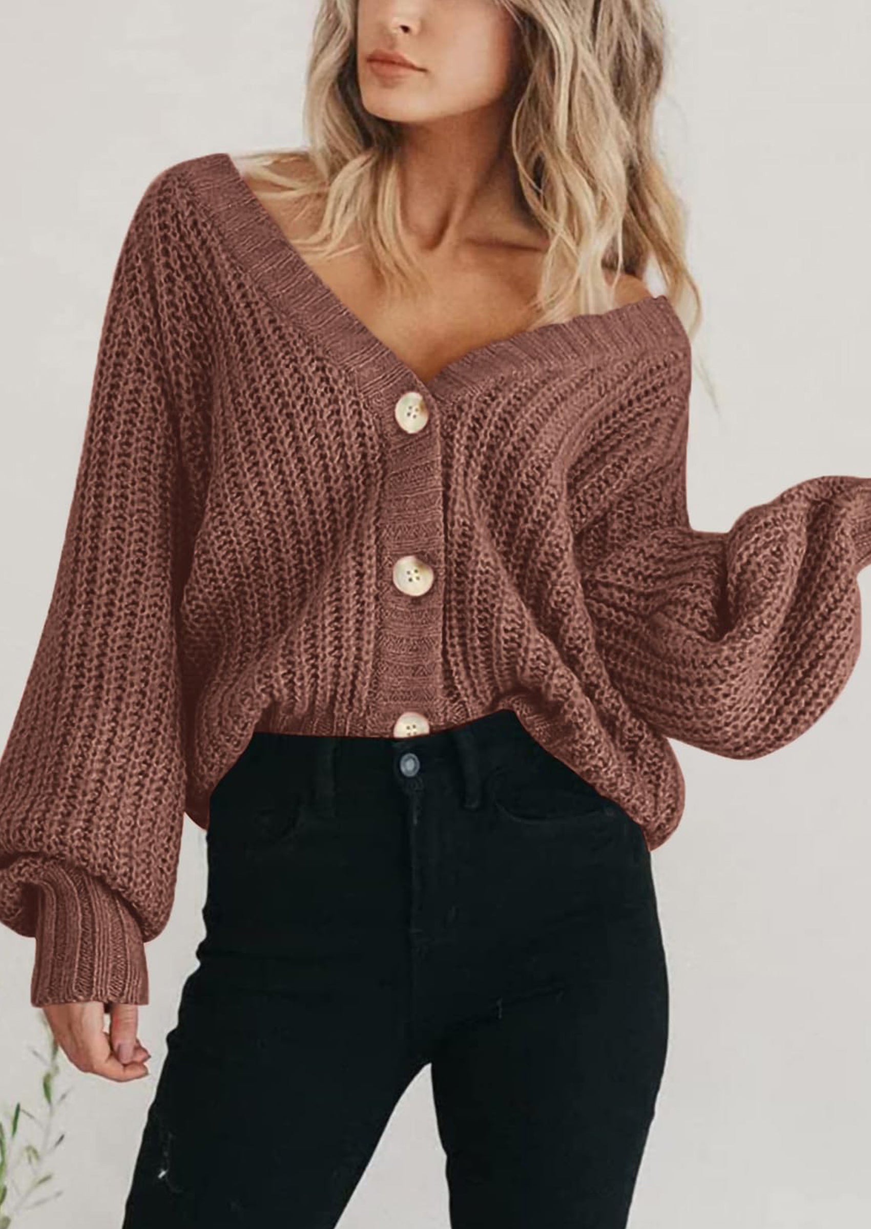 PRETTYGARDEN Women's Chunky Knit Open Front Sweater Long Sleeve Button Loose Short Cardigan Outerwear Coats