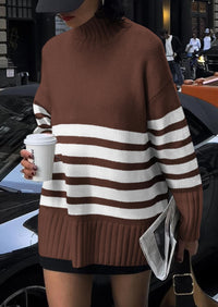 Women's Fall Striped Long Pullover Sweaters Turtleneck Long Sleeve Loose Fit Chunky Knit Casual Cute Tops Blouse