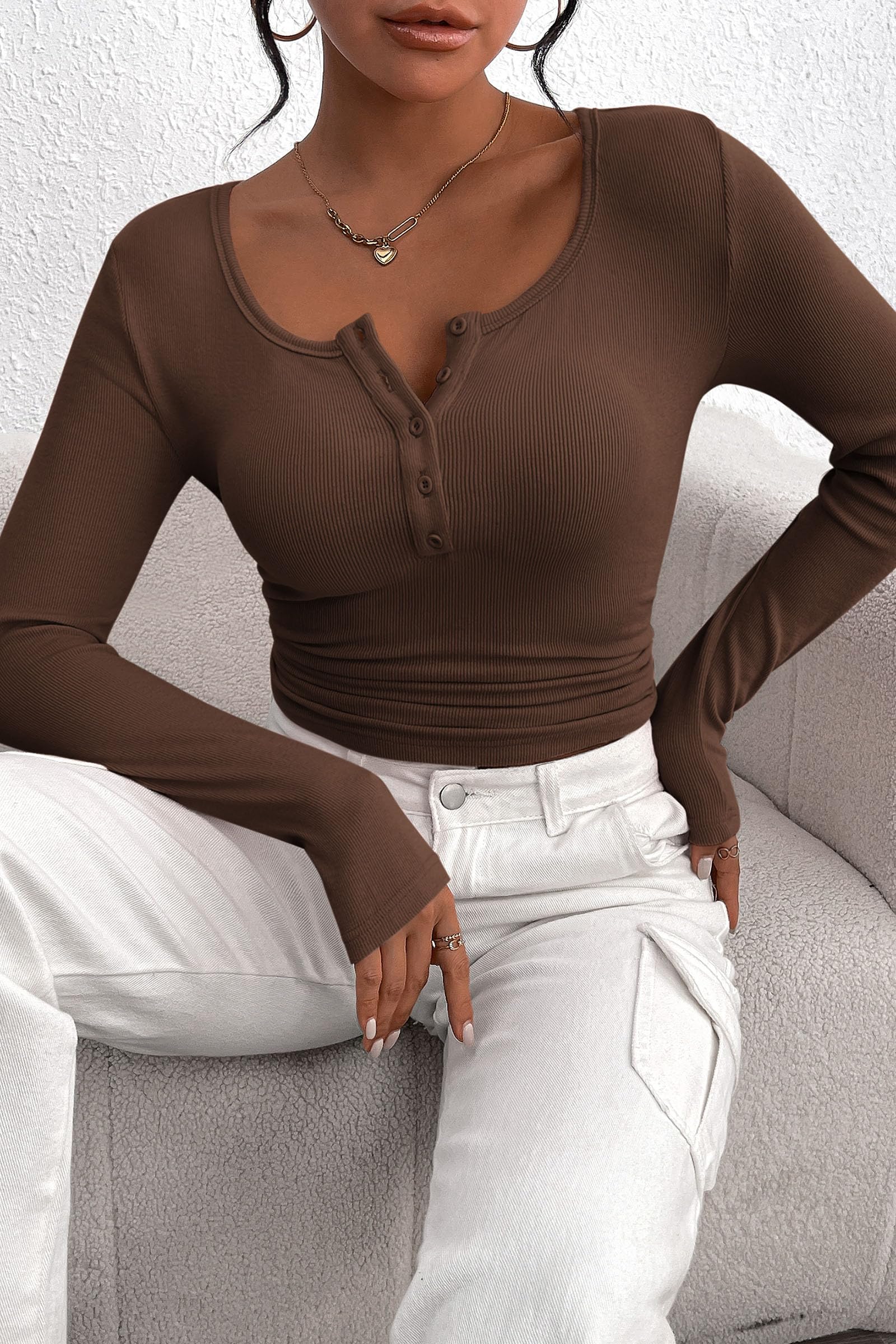 PRETTYGARDEN Women's Spring Fall Long Sleeve Henley T Shirts Button Ribbed Knit Slim Fit Casual Basic Tops Blouse