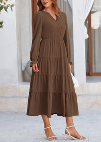 PRETTYGARDEN Women Fall Long Sleeve Smocked Maxi Dress Casual Square Neck Swiss Dot Tiered Ruffle Flowy Spring Pocket Dresses