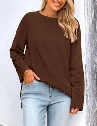 Women's Fall Knit Sweaters Long Sleeve Pullover Crewneck Split Hem Loose Oversized Tunic Sweater Top