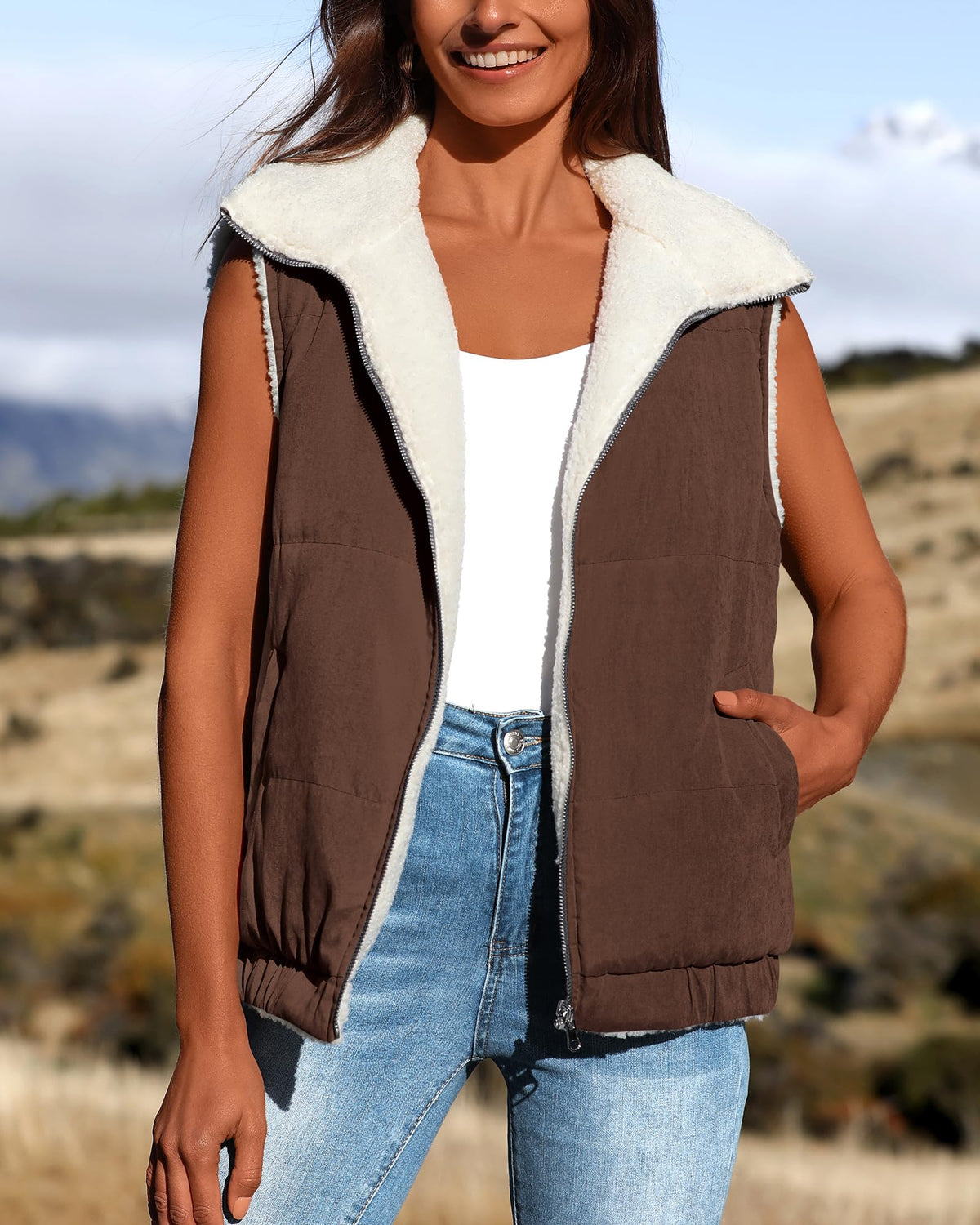 Sherpa Fleece Vest Zip Up Sleeveless Reversible Winter Warm Puffer Jacket Outerwear