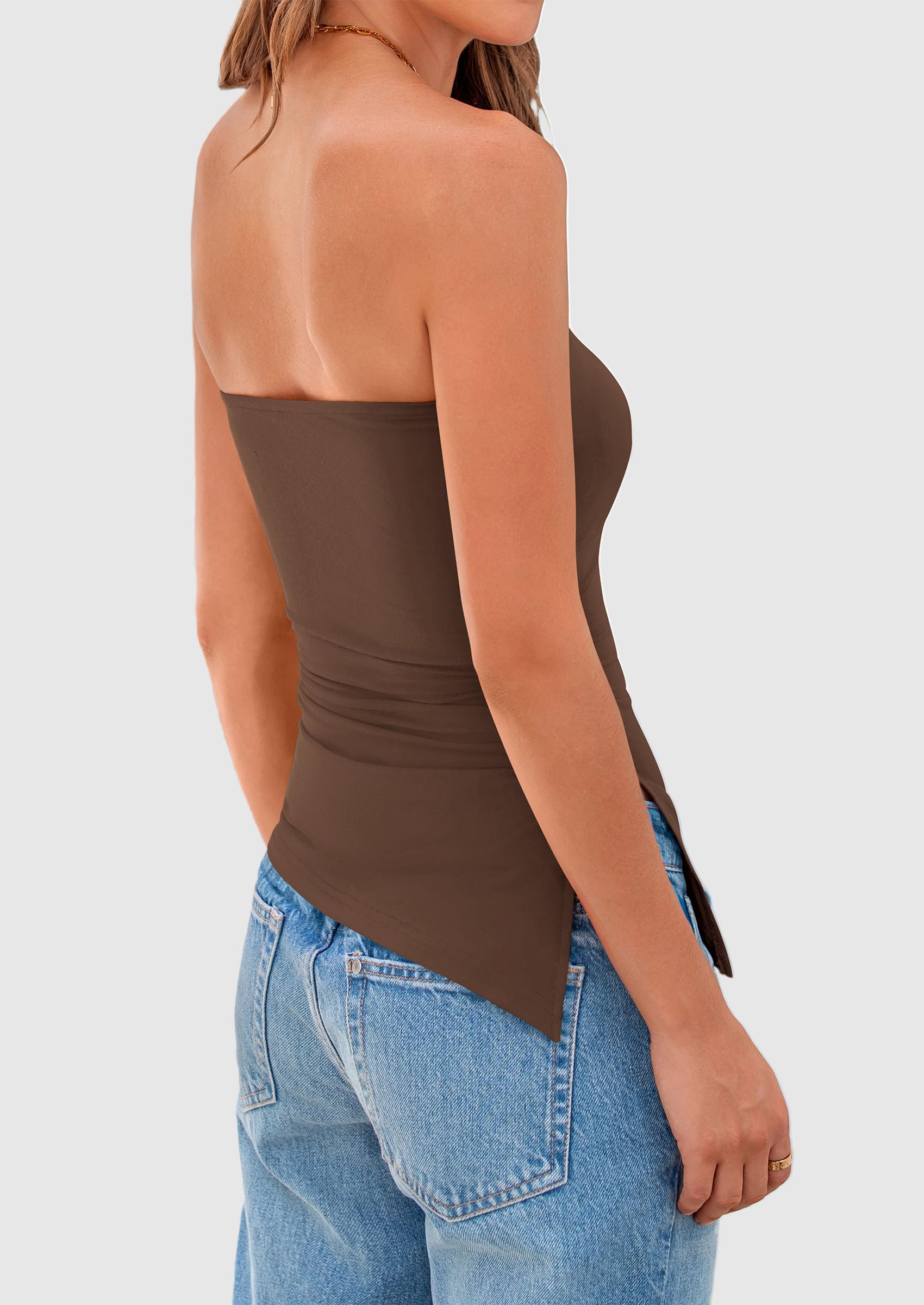 PRETTYGARDEN Womens Summer Tube Tops Trendy Strapless Ruched Going Out Tops Outfits Asymmetrical Bandeau Shirts